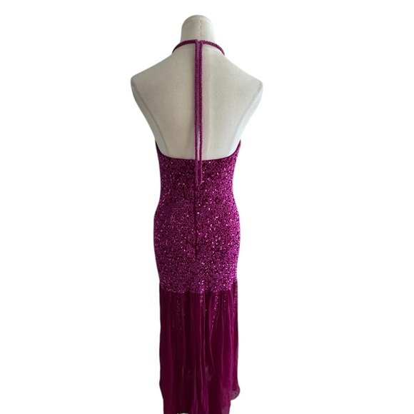 SCALA Beaded Maxi Midi Dress Side Slit Padded 100% Silk Pink Magenta Size M Prom - Picture 3 of 12